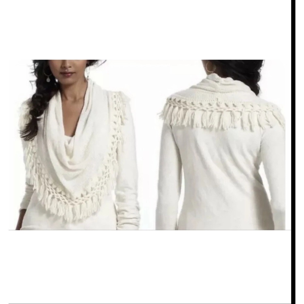 Angel Of The North Anthropologie Cream Ivory White Fringe Cowl Neck Sweater M‎